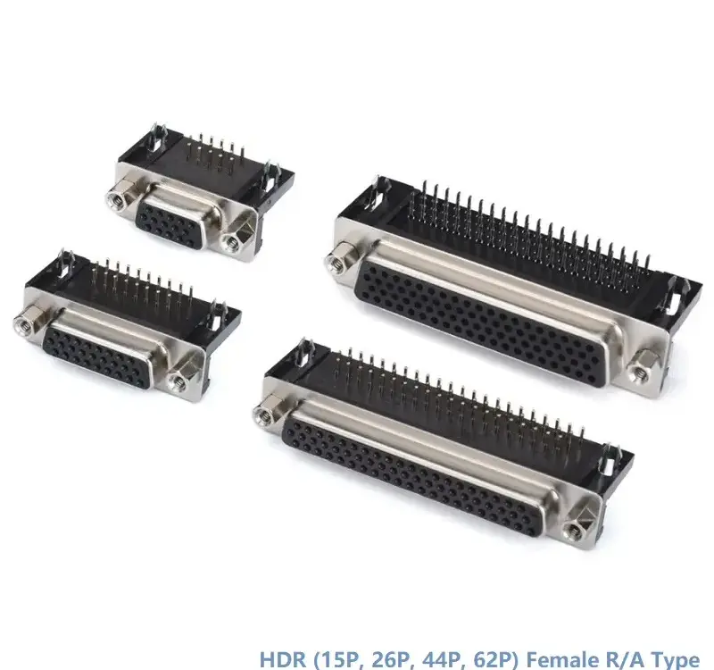 HDR Female R/A Type Connector(8.89mm)With 5.8mm Nut(15P, 26P, 44P, 62P) — Standard Type For PCB from KINKUO