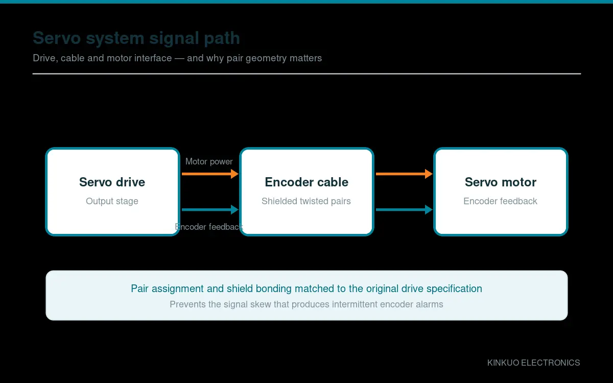 servo encoder cable — Encoder feedback path — drive, shielded cable and motor interface